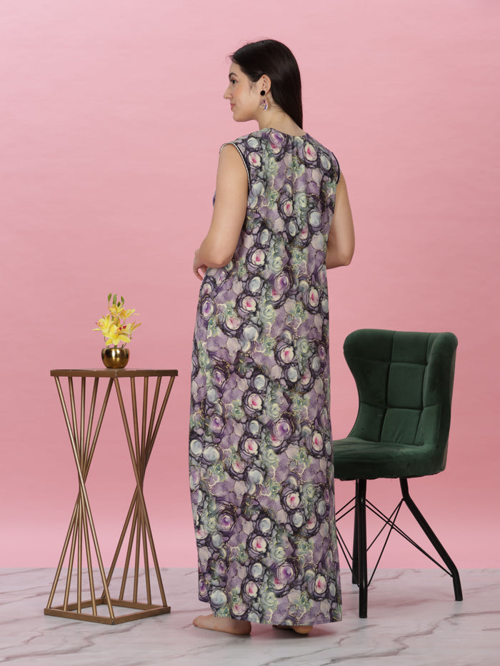 Breathable sleeveless rayon nighty with floral print and pocket