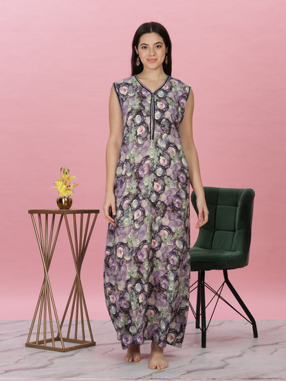 Breathable sleeveless rayon nighty with floral print and pocket