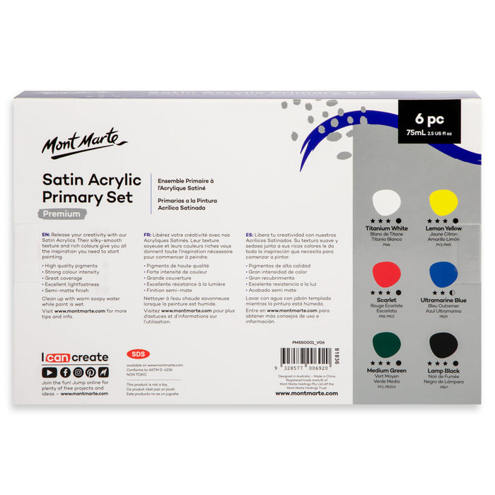 Satin Acrylic Primary Set 6 x 75ml (2.5 US fl.oz)