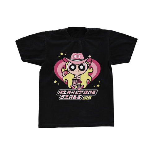 Printed on a soft Comfort Colors tee by Scene Queen, this black shirt shows a cartoon girl in pink gear with MILF on her hat, posed before a pink heart and yellow stars. Bimbo Core Girls and Scene Queen are featured below in stylized text.