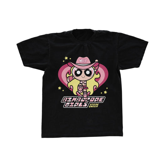 Printed on a soft Comfort Colors tee by Scene Queen, this black shirt shows a cartoon girl in pink gear with MILF on her hat, posed before a pink heart and yellow stars. Bimbo Core Girls and Scene Queen are featured below in stylized text.