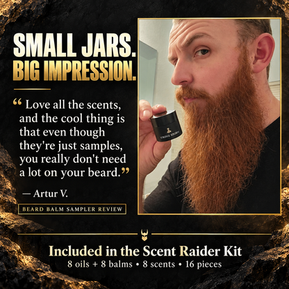 Customer review of the Scent Raider Sample Kit from Artur V. holding a Viking Storm balm sample jar beside his red beard, headline Small Jars Big Impression