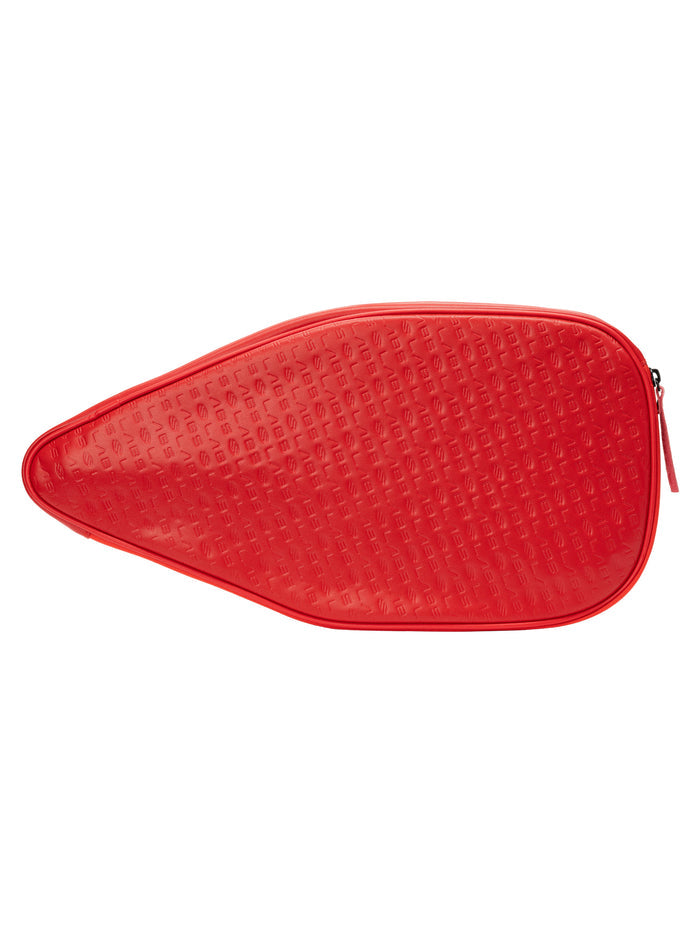 Red teardrop-shaped zippered pouch with embossed repeating pattern.
