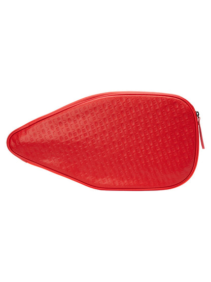 Red teardrop-shaped zippered pouch with embossed repeating pattern.