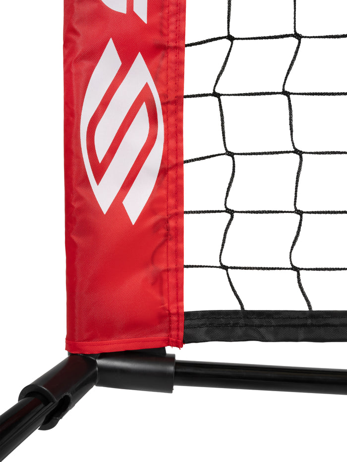 Red padded net post with white flame logo, black sports net and black metal base corner