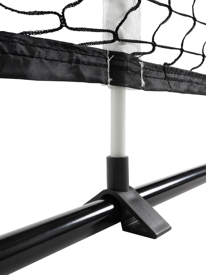 Black net post with plastic base clamped to a tubular metal frame, and black mesh net stitched to the post.