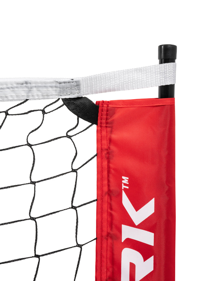 Red padded net post sleeve with white letters RIK and TM, attached to a black post, black net and white top tape