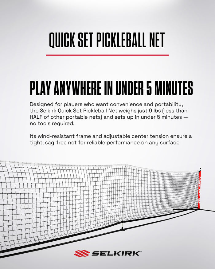 Selkirk Quick Set portable pickleball net on white background, stretched across floor with Selkirk logo.