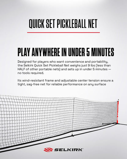 Selkirk Quick Set portable pickleball net on white background, stretched across floor with Selkirk logo.