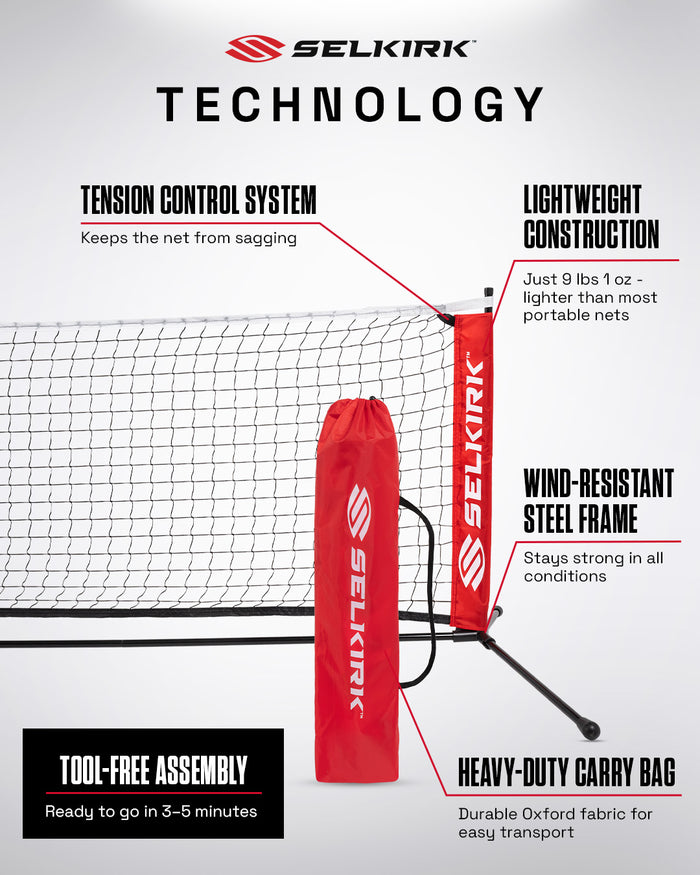 Selkirk portable net with red post and carry bag, labelled TECHNOLOGY; callouts for tension control, lightweight, wind-resistant frame.