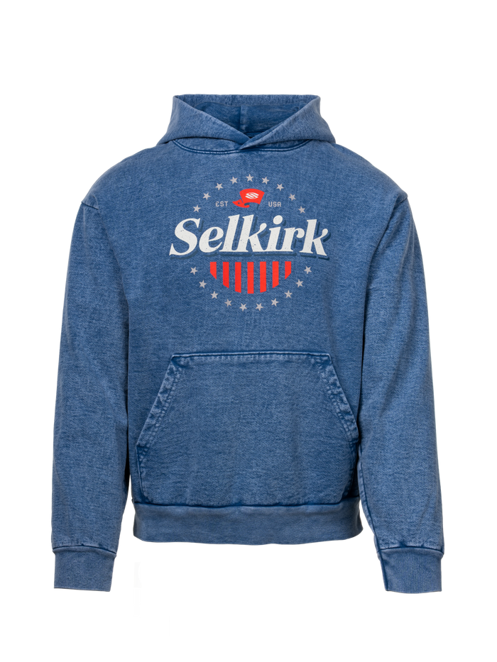 Blue 1776 Heavy Fleece Hoodie front view with kangaroo pocket and Americana chest graphic on transparent background