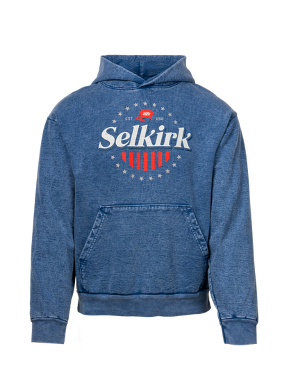 Blue 1776 Heavy Fleece Hoodie front view with kangaroo pocket and Americana chest graphic on transparent background