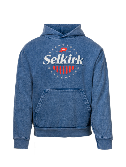 Blue 1776 Heavy Fleece Hoodie front view with kangaroo pocket and Americana chest graphic on transparent background