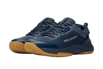 Navy mesh athletic sneakers with gum rubber soles and side logo 'SELKIRK'.