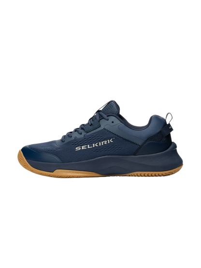 Navy athletic shoe with gum sole and SELKIRK logo on the side
