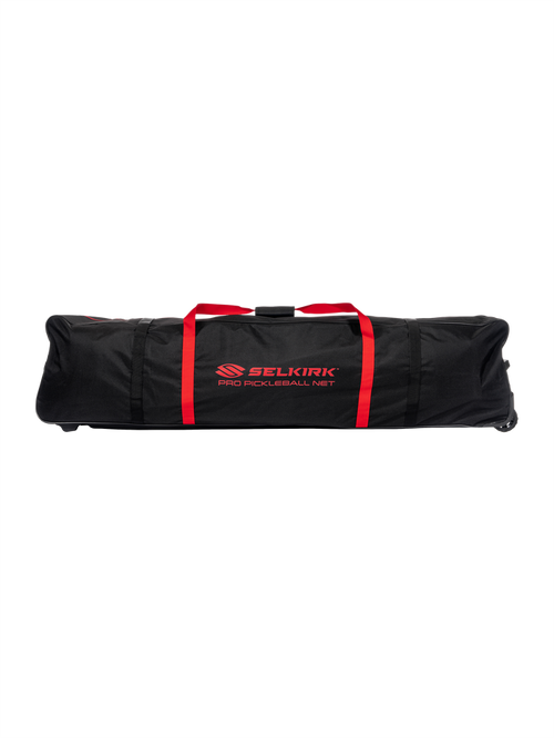 Black Selkirk carrying bag with red straps labeled SELKIRK PRO PICKLEBALL NET.