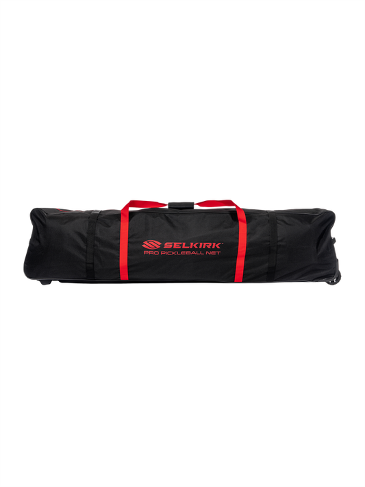 Black Selkirk carrying bag with red straps labeled SELKIRK PRO PICKLEBALL NET.