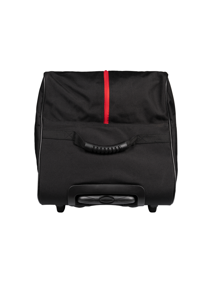 Black wheeled travel bag with red center zipper, molded grip handle and visible wheel housing