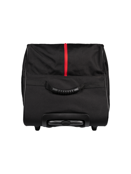 Black wheeled travel bag with red center zipper, molded grip handle and visible wheel housing