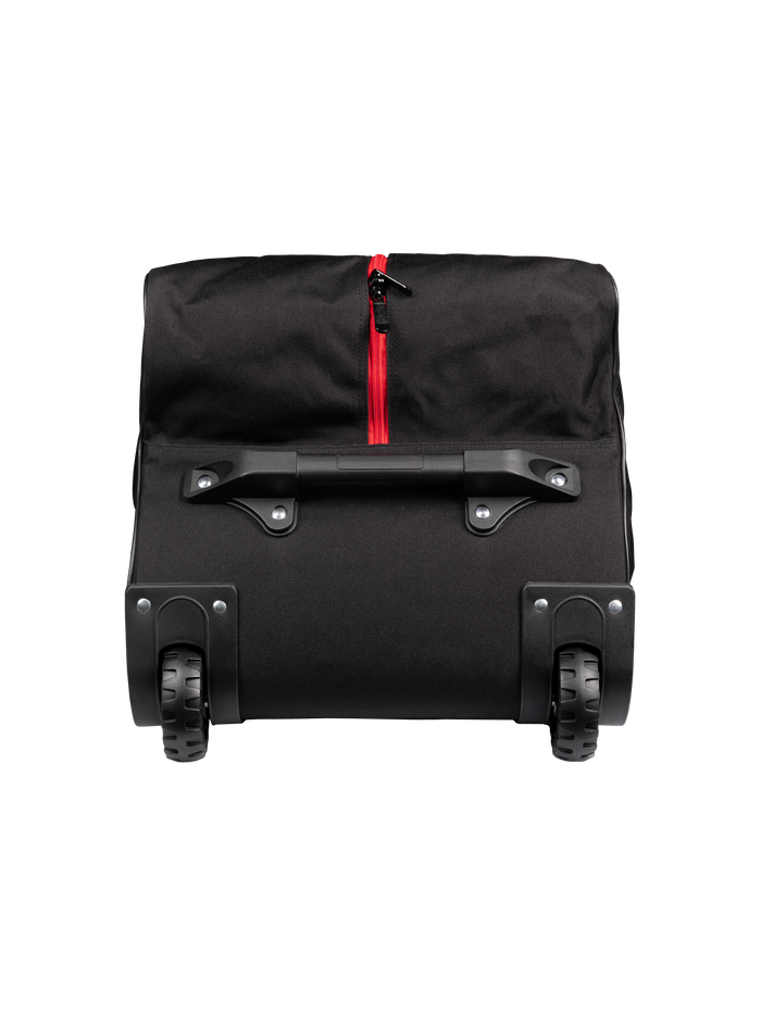Black rolling suitcase base showing two wheels, a short carry handle and a vertical red zipper pull.