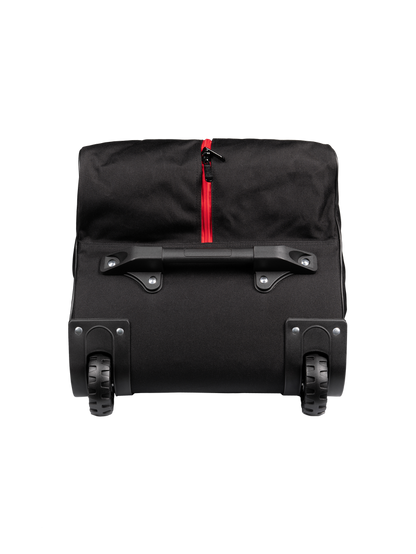 Black rolling suitcase base showing two wheels, a short carry handle and a vertical red zipper pull.