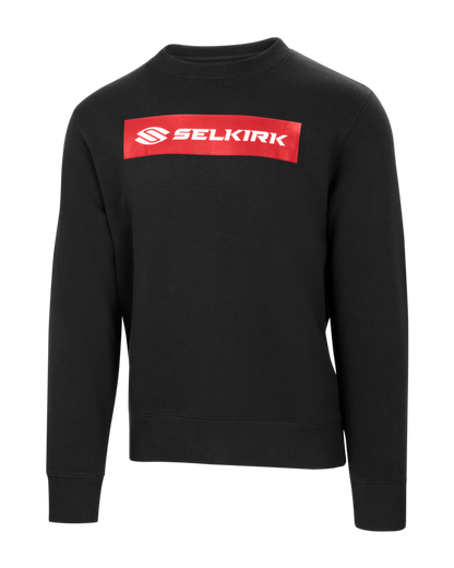 Black crewneck sweatshirt with red rectangular chest logo reading SELKIRK