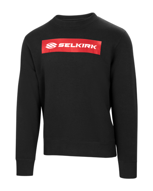 Black crewneck sweatshirt with red rectangular chest logo reading SELKIRK
