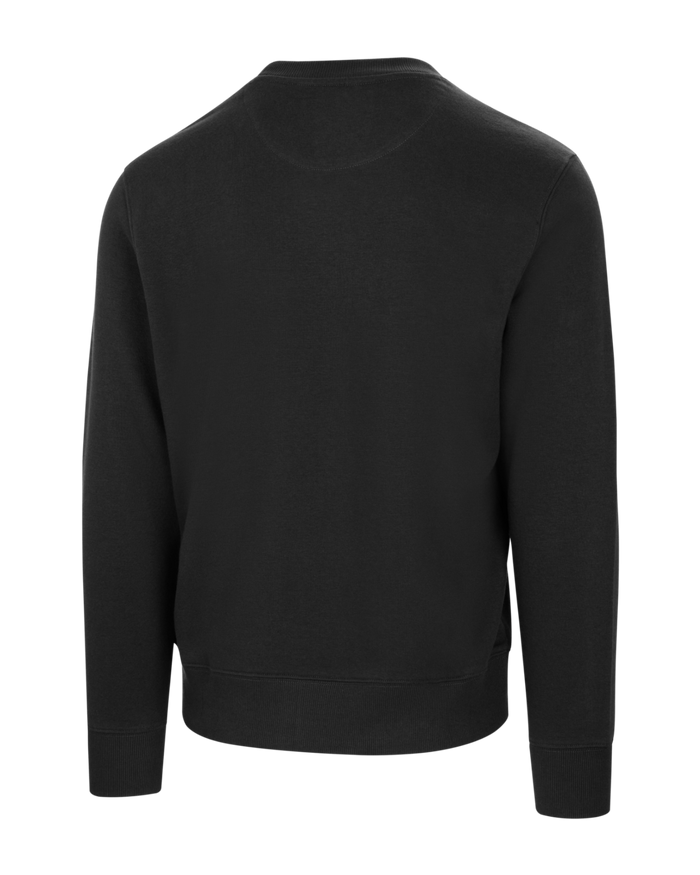 Back view of black crewneck sweatshirt with ribbed cuffs and hem.