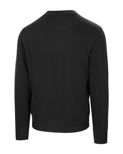 Back view of black crewneck sweatshirt with ribbed cuffs and hem.