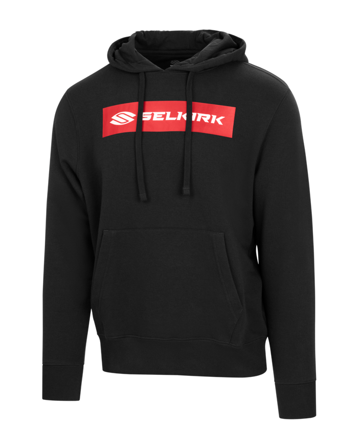 Black pullover hoodie with red block reading SELKIRK on chest, drawstrings and kangaroo pocket.