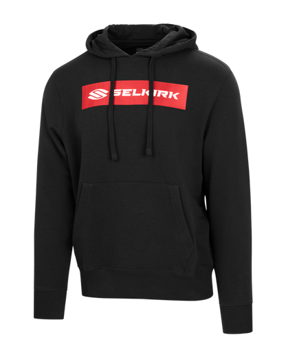 Black pullover hoodie with red block reading SELKIRK on chest, drawstrings and kangaroo pocket.