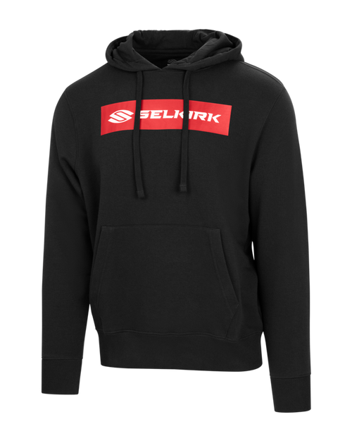 Black pullover hoodie with red block reading SELKIRK on chest, drawstrings and kangaroo pocket.