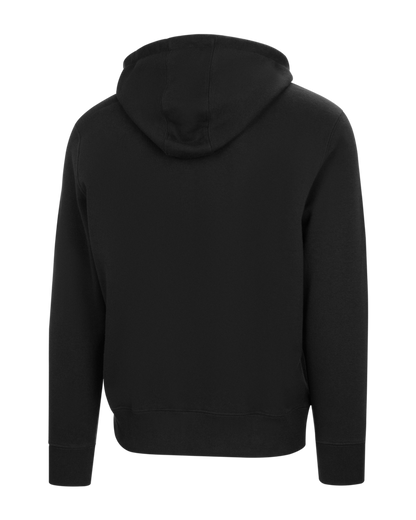 Back view of black hooded sweatshirt with ribbed cuffs and hem