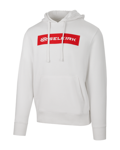 White hoodie with red logo from Selkirk Sport Sideline Collection, showcasing soft cotton fabric and adjustable draw cords.