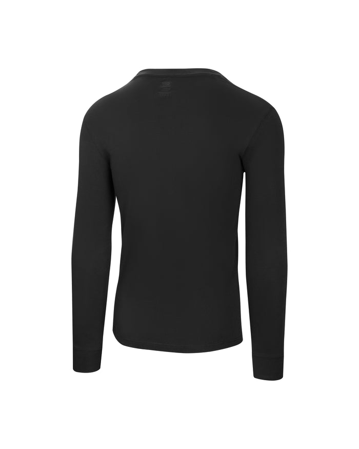 Black long-sleeve crew-neck shirt, back view with ribbed cuffs