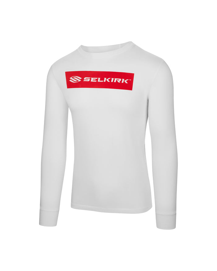 White long sleeve tee with red logo on the front