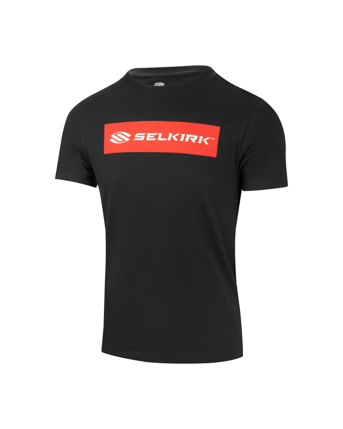 Black short-sleeve t-shirt with red rectangular badge reading SELKIRK across the chest