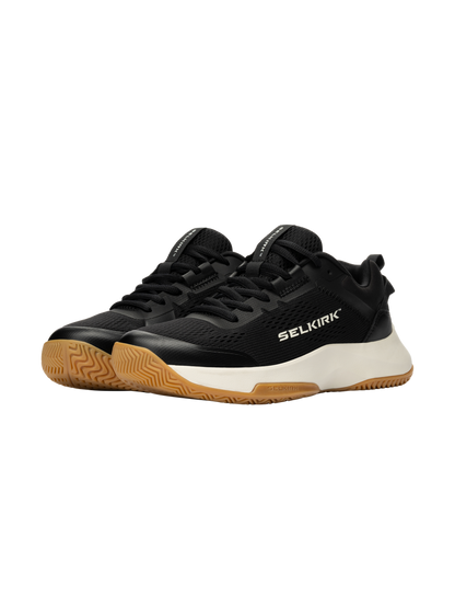 Three-quarter view of Selkirk Women’s CourtStrike 2.0 Pickleball shoes with black mesh uppers, white midsoles, and gum outsoles