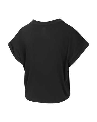 Back view of black boxy T-shirt with cuffed short sleeves