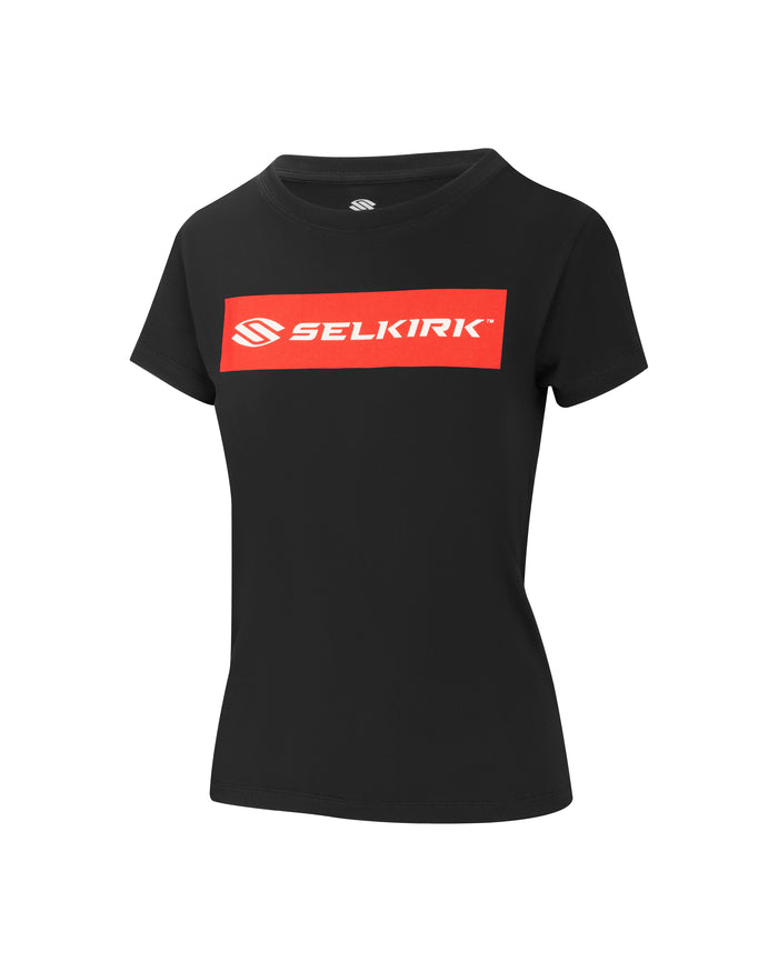Women's fitted black t-shirt with red rectangular chest logo reading SELKIRK