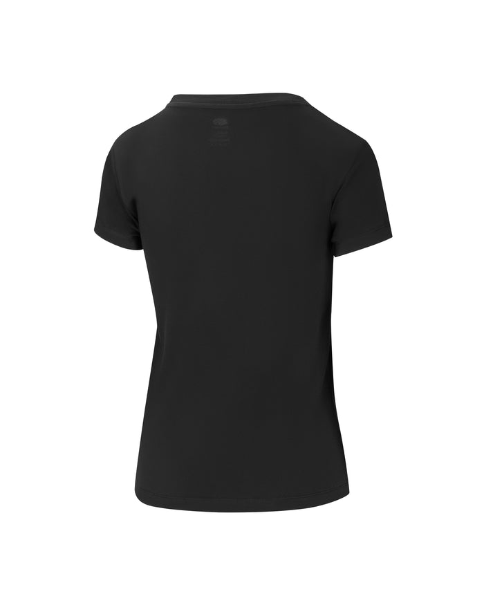 Women's black short-sleeve crewneck T-shirt, back view on white background