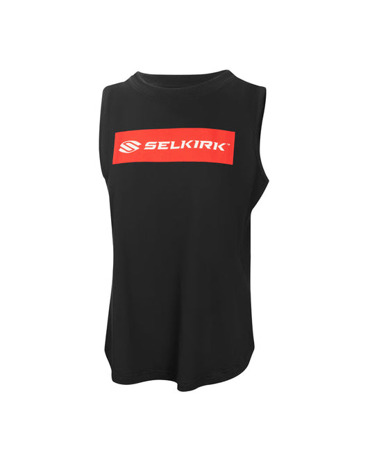 Black sleeveless athletic tank top with red rectangular logo reading SELKIRK TM