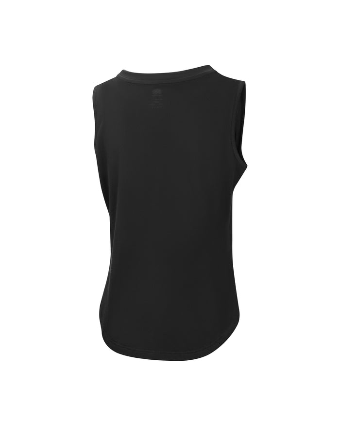 Black women's sleeveless workout tank top, back view