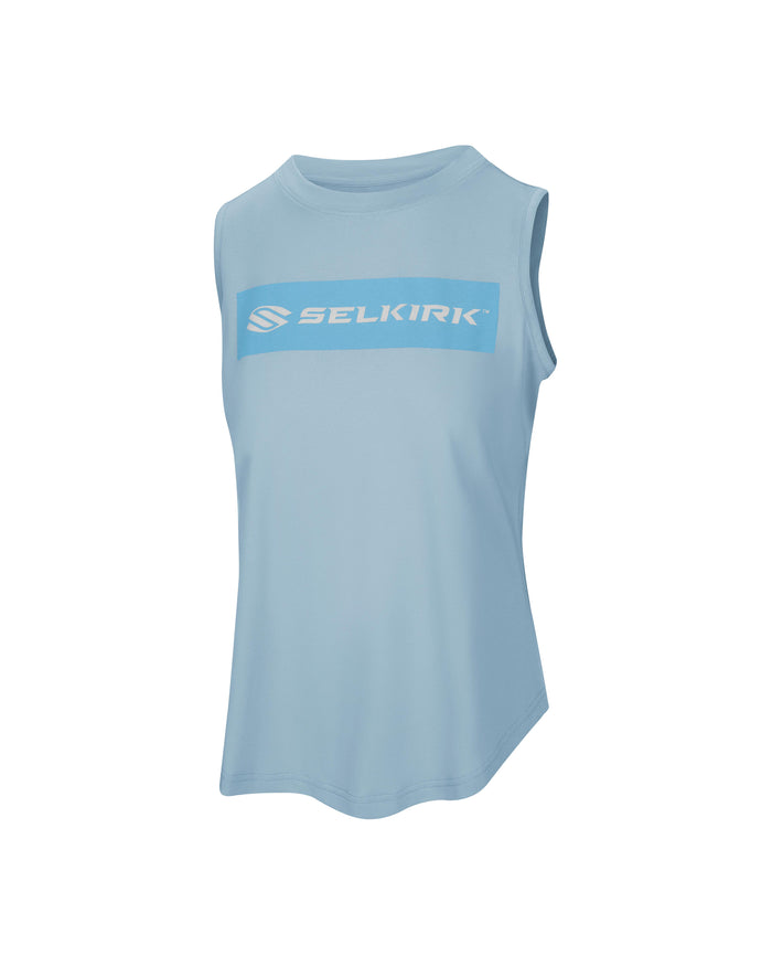 Light blue sleeveless tank top with 'Selkirk Sport' text across the chest