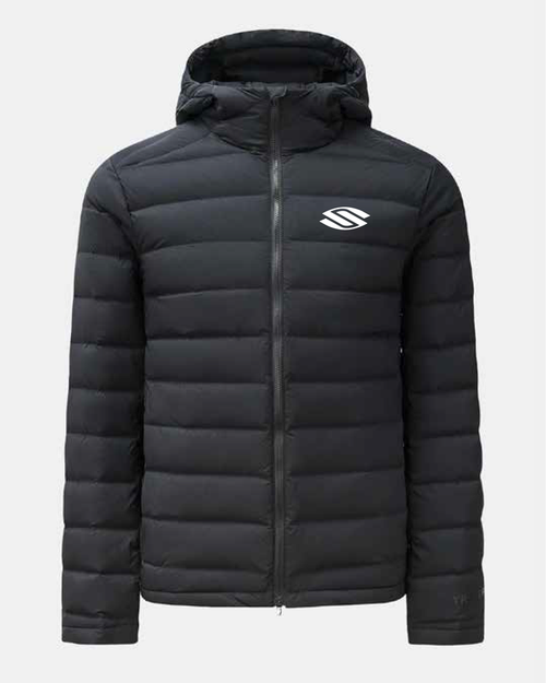 Black quilted hooded puffer jacket with front zipper and white stylized chest logo.