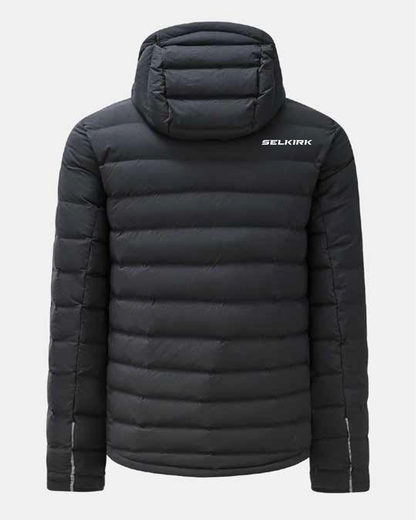 Back view of black quilted puffer jacket with hood and white SELKIRK logo on upper right shoulder.