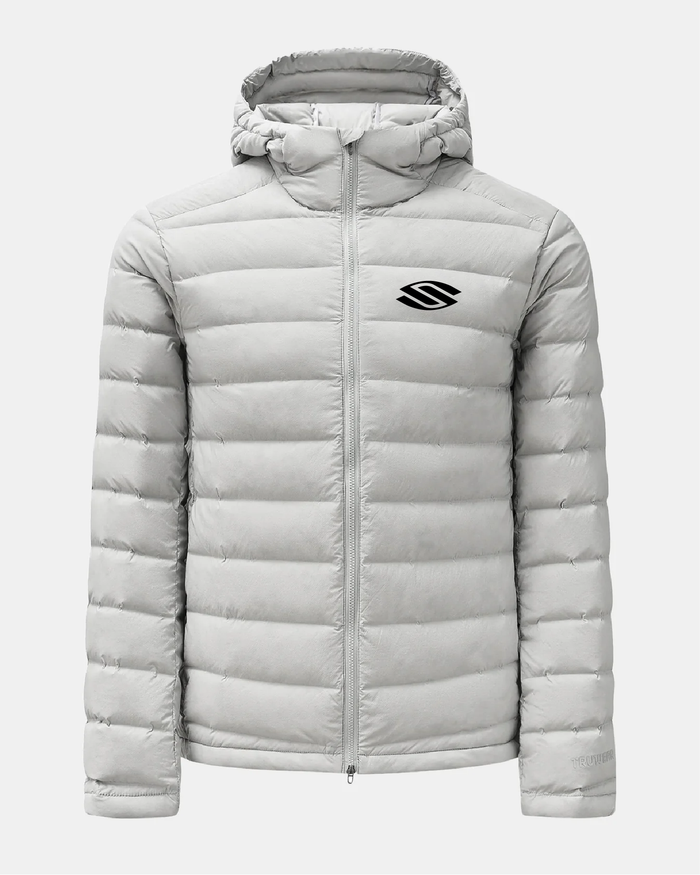 Light gray hooded quilted puffer jacket with horizontal baffles, front zipper, and black stylized S logo on left chest.