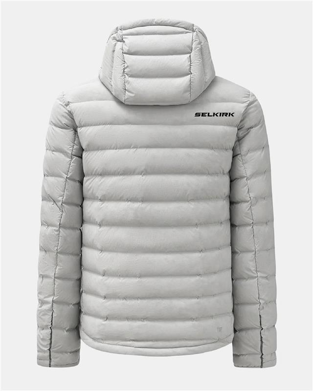 Back view of light gray hooded puffer jacket with SELKIRK logo on upper back.
