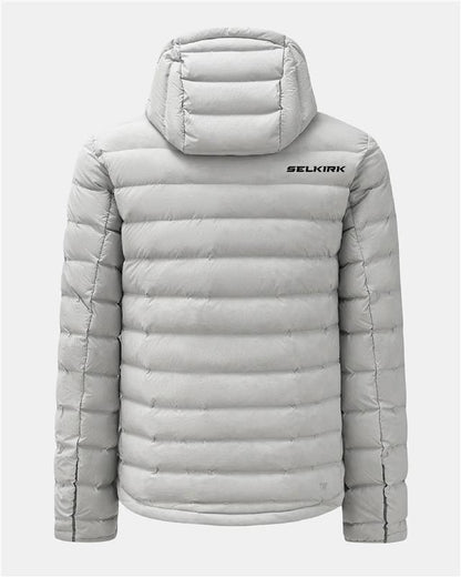 Back view of light gray hooded puffer jacket with SELKIRK logo on upper back.