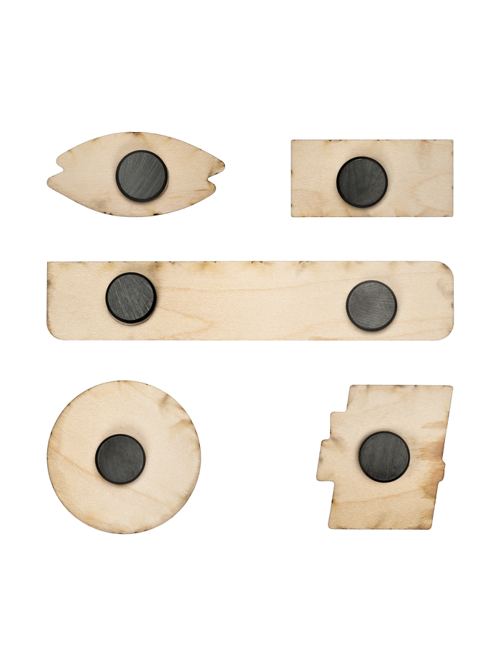 Six light-wood shapes (eye, small rectangle, long bar with two magnets, circle, stepped rectangle), each with a round black magnet.